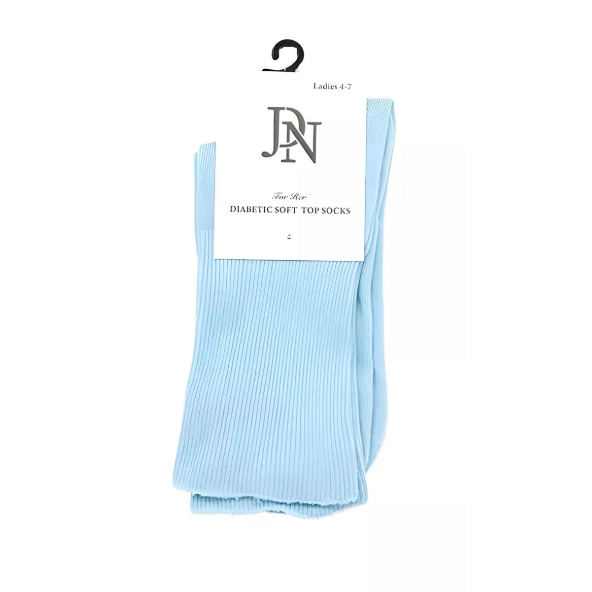 Ladies JDN branded light blue diabetic socks with non-elastic soft top for comfort and circulation support